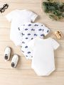 3pcs/Set Infant Boys' Casual Short Sleeve Romper With Car Print And Hat, Summer