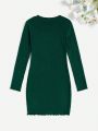 SHEIN Kids EVRYDAY Big Girl'S Knitted Pit Letter Embroidered Casual Long-Sleeved Slim Dress
