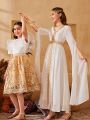 SHEIN Teenage Girls' Chiffon Patchwork Gold Lace Split Casual Dress With Bell Sleeve