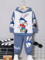 SHEIN Kids QTFun Toddler Boys' Cute And Comfortable Rabbit Pattern Hoodie With Knitted Pants Set