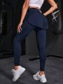 Faux Two-piece Pocket Design Sports Leggings With Phone Pocket