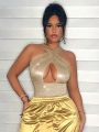 SHEIN SXY Cross Halterneck Hollow Out Gold & Silver Wire Detail Apricot Bodysuit
