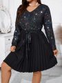 SHEIN Essnce Women's Plus Size Star Pattern Belted V-neck Dress
