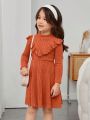 SHEIN Girls' Casual And Comfortable Solid Color Ruffle Trim A-Line Dress