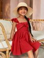 SHEIN Kids Cooltwn Young Girls' Mono Color Flutter Sleeve Belted Dress