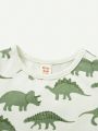 Cozy Cub Baby Boys' Cartoon Dinosaur Print Short Sleeve T-Shirt And Pure Color Suspender Shorts Set