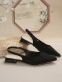 Fashionable Pointed Toe Satin Mules With Back Strap, Black