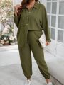 SHEIN LUNE Plus Size Women's Solid Color Shirt And Pants Two-piece Set