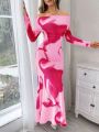 SHEIN Privé Women's Off Shoulder Bodycon Dress With Pattern Print
