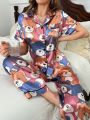 Color-Blocking Trimmed Bear Print Imitated Silk Pajama Set With Lapel Collar And Button-Front Design