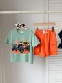 SHEIN Kids EVRYDAY 2pcs/Set Young Boys' Casual, Comfortable, Fashionable, Simple, Versatile, Soft, Comfortable, Cool, Street, Big Pattern, Breathable Short-Sleeved T-Shirt And Contrasting, Breathable, Comfortable Shorts, Suitable For Spring And
