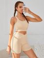 SHEIN Female Teenagers Solid Color U-neck Vest Cross-waist Shorts Sports Two-piece Set