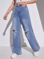 SHEIN Teenage Girls' Casual Loose High Waist Asymmetrical Ripped Jeans With Distressed Details