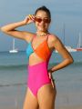 Teenage Girls' Color Block One-Piece Swimsuit With Spaghetti Straps