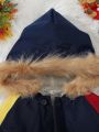 SHEIN Young Boy Colorblock Drawstring Waist Fuzzy Trim Hooded Teddy Lined Coat