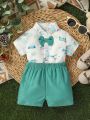 Toddler Boys' England-Style Gentleman Outfit, Bow Tie Collared Shirt & Shortalls, For Cute, Casual, Fashionable Party Outfit In Spring And Summer