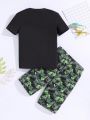SHEIN Tween Boy Snug Fit  Casual Fluorescent Dinosaur Round Neck Short Sleeve T-Shirt And Shorts Homewear 2pcs/Set