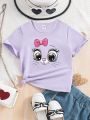 Toddler Girls' Cute Bowknot & Cat Expression Printed Short Sleeve T-Shirt