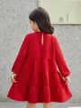 SHEIN Kids Nujoom Little Girls' Vintage Style Loose Fit Round Neck Mid-length Dress