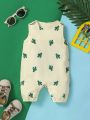 SHEIN Newborn Baby Boy's Cactus Print Sleeveless Jumpsuit With Round Neckline, Casual Style For Spring And Summer
