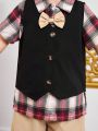 SHEIN Kids Academe 3pcs/Set Toddler Boys' Fashionable Casual Plaid Shirt, Vest And Shorts Outfit
