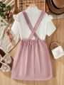 SHEIN Kids Y2Kool Girls' Solid Color Stand Collar Top And Corduroy Suspender Skirt Two Piece Set