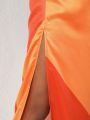 Ishaarah Women'S Color Block Asymmetrical Collar Button Detail High Slit Maxi Dress