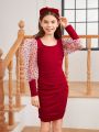 SHEIN Kids Y2Kool Girls' Sweet And Cool Knitted Mesh Patchwork Long-sleeved Dress For Daily Wear