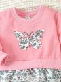 Baby Girls' Butterfly Embroidery Patchwork Flower Printed Sweatshirt