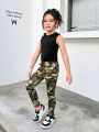 SHEIN Kids Y2Kool Young Girls' Sports Sweet Cool Camouflage Knitted Hooded Tank Top Set