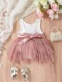 SHEIN Baby Girl's Elegant & Romantic Lace Fabric Sleeveless Mesh Dress For Photography Prop