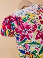 SHEIN Kids QTFun Little Girls' Woven Printed Patchwork Lace Doll Collar Casual Shirt