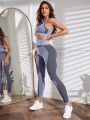 Yoga Future 2pcs Seamless Yoga Set Sports Suit Striped Print Tank Tummy Control Leggings