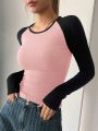 DAZY Women Contrast Color Raglan Sleeve Long Sleeve Round-Neck Slim Fit T-Shirt For Spring/Summer
