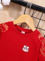 SHEIN Baby Boy Baby Girl Chinese New Year Cartoon Animal Pattern Drop Shoulder Sweatshirt And Pants Set