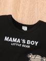 Baby Boys' Cartoon Bear & Slogan Printed Short Sleeve T-Shirt And Plaid Shorts Set