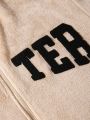 Men Letter Embroidery Striped Trim Drop Shoulder Fuzzy Bomber Jacket