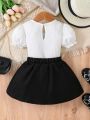 2pcs/Set Baby Girl's Cute And Cool Peter Pan Collar Top And Elastic Waist Skirt Outfit, Spring/Summer