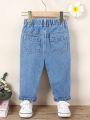 Basic Daily Loose And Cozy Jean With Cute Flower Print For Baby Girls