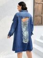 SHEIN CURVE+ Plus Size Women's Distressed Long Sleeve Denim Jacket