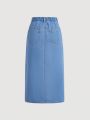 SHEIN Teen Girl's Casual Fit Front Middle Slit Denim Straight Skirt