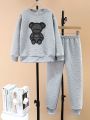 SHEIN Boys' Teddy Bear & Letter Embossed Sweatshirt And Sweatpants Set