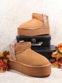 Women's Camel Color Snow Boots With Diamond Decoration
