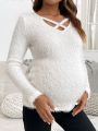 SHEIN Pregnant Women'S Cross V-Neck Plush T-Shirt