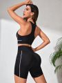 SHEIN Running Contrast Binding Sports Set With Phone Pocket