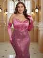 SHEIN Belle Plus Size Bust Gathered Satin Patchwork Sequin Strapless Fishtail Evening Dress With Skirt And Gloves