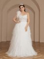 SHEIN Belle Plus Size Women'S Wedding Dress With Beaded Bodice, Pleated Waist, 3d Flowers And Asymmetrical Tulle Skirt