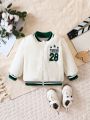 Baby Boy Letter Embroidery Striped Trim Teddy Bomber Jacket Without Tee