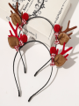 1pc Fashionable Red Plastic Antler Bowknot Pom-pom Headband Hair Clasp Decorated With Christmas Emblem, For Women