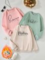 SHEIN Kids FANZEY 3pcs Girls' Fleece Lined Sweatshirt With Letter & Slogan Print